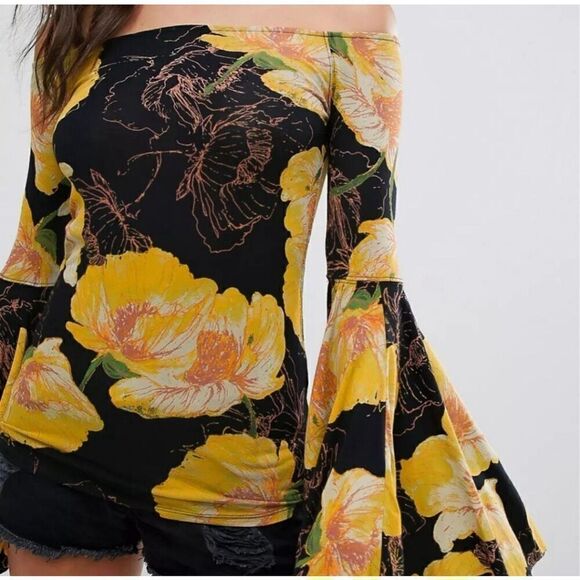 Free People Floral Birds of Paradise Off-shoulder Top M Bell Slv Boho Festival - Picture 11 of 13